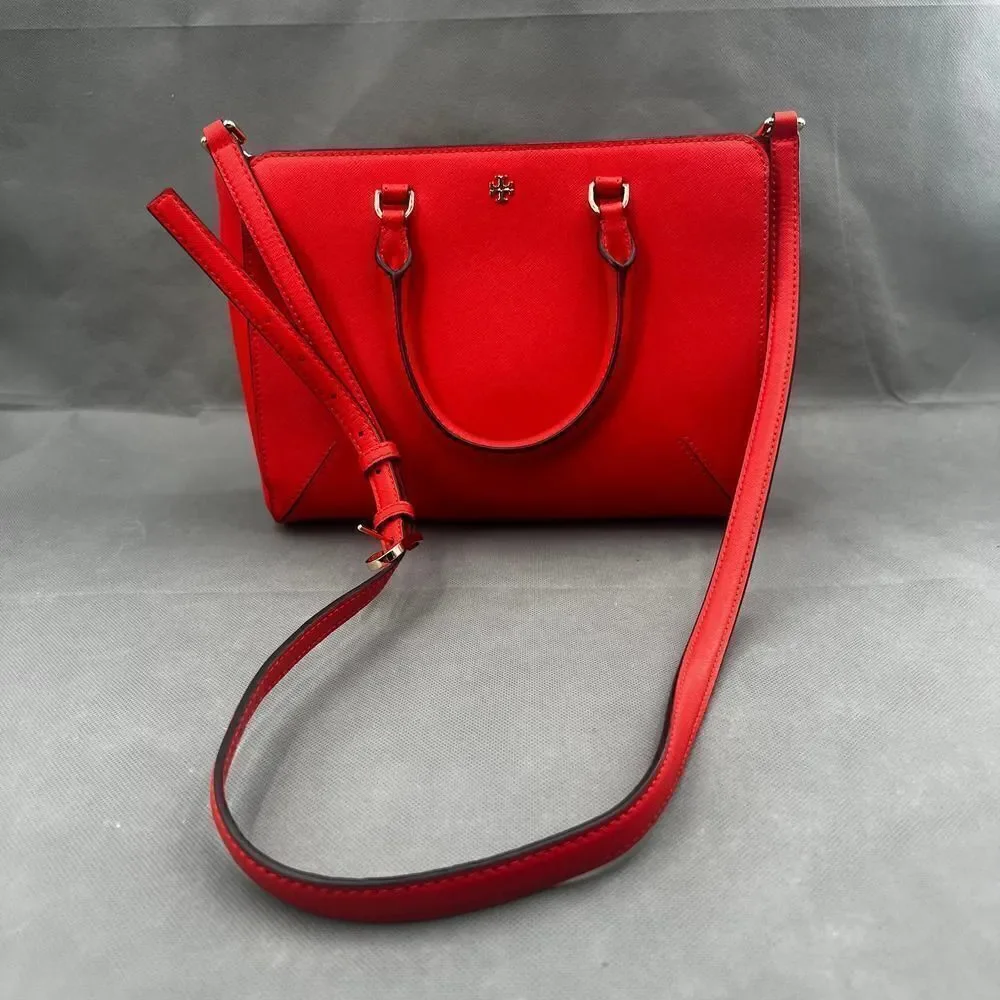 Tory Burch Poppy Orange Zip Emerson Saffiano Leather Satchel
